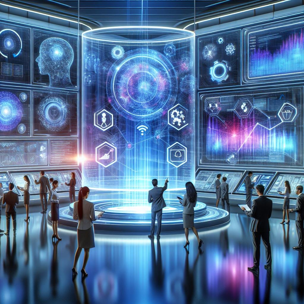 Futuristische Marketing- und Datenanalyse-Scene mit holographischen Interfaces und KI-Visualisierungen in einem modernen Büro, Szene von Tobias Hager, 404 Magazine