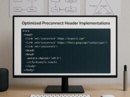 Modernes computer-Setup mit großem Bildschirm, der eine Webseite mit hervorgehobenen Preconnect-Links zeigt, im Hintergrund technische Diagramme und Code-Snippets zur Webperformance-Optimierung, Credit: 404 Magazine (Tobias Hager).