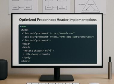 Modernes computer-Setup mit großem Bildschirm, der eine Webseite mit hervorgehobenen Preconnect-Links zeigt, im Hintergrund technische Diagramme und Code-Snippets zur Webperformance-Optimierung, Credit: 404 Magazine (Tobias Hager).