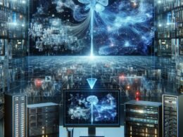 Futuristische digitale Landschaft mit leuchtenden neuronalen Netzwerken, modernem Grafik-Setup und Server-Racks, die technologische Innovation und KI-gestützte Bildverbesserung symbolisieren.