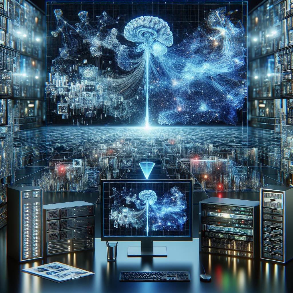 Futuristische digitale Landschaft mit leuchtenden neuronalen Netzwerken, modernem Grafik-Setup und Server-Racks, die technologische Innovation und KI-gestützte Bildverbesserung symbolisieren.