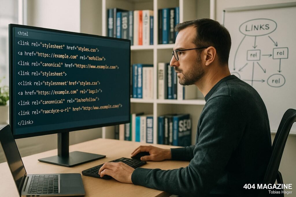 SEO-Experte analysiert HTML-Link-Tags und rel-Attribute in einem modernen Büro mit Bücherregalen und Whiteboard