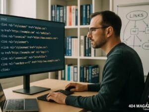 SEO-Experte analysiert HTML-Link-Tags und rel-Attribute in einem modernen Büro mit Bücherregalen und Whiteboard