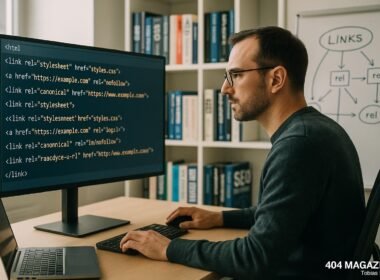 SEO-Experte analysiert HTML-Link-Tags und rel-Attribute in einem modernen Büro mit Bücherregalen und Whiteboard