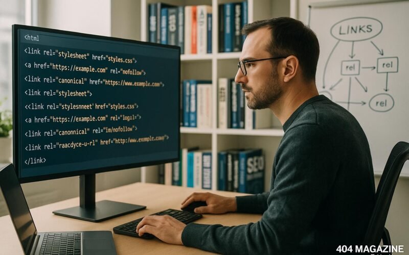 SEO-Experte analysiert HTML-Link-Tags und rel-Attribute in einem modernen Büro mit Bücherregalen und Whiteboard