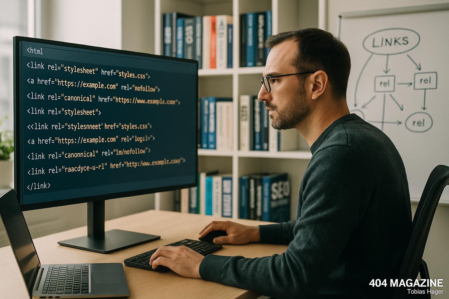 SEO-Experte analysiert HTML-Link-Tags und rel-Attribute in einem modernen Büro mit Bücherregalen und Whiteboard