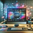 Futuristischer Arbeitsplatz mit hochauflösendem Bildschirm, der eine KI-gestützte Logo-Design-Oberfläche mit farbenfrohen Variationen und holographischen Datenströmungen zeigt, umgeben von modernen Büromöbelelementen.