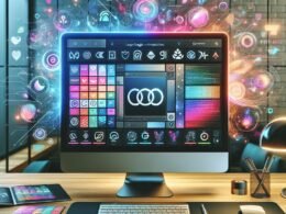 Futuristischer Arbeitsplatz mit hochauflösendem Bildschirm, der eine KI-gestützte Logo-Design-Oberfläche mit farbenfrohen Variationen und holographischen Datenströmungen zeigt, umgeben von modernen Büromöbelelementen.