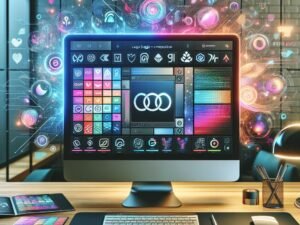 Futuristischer Arbeitsplatz mit hochauflösendem Bildschirm, der eine KI-gestützte Logo-Design-Oberfläche mit farbenfrohen Variationen und holographischen Datenströmungen zeigt, umgeben von modernen Büromöbelelementen.