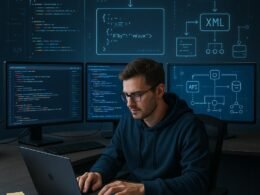 Moderner Arbeitsplatz mit mehreren Monitoren, Code, API-Daten und technische Diagramme, Entwickler am Laptop, umgeben von Notizen, symbolisiert technische Innovation.