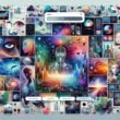Moderne Webseite mit KI-generierten Bildern von Stadtlandschaften, Naturmotiven und Fantasiewelten, ergänzt durch Infografiken und Icons im Stil futuristischer Kunst.