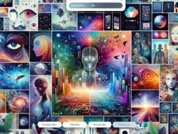 Moderne Webseite mit KI-generierten Bildern von Stadtlandschaften, Naturmotiven und Fantasiewelten, ergänzt durch Infografiken und Icons im Stil futuristischer Kunst.