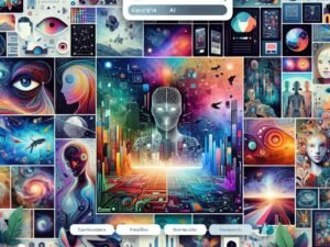 Moderne Webseite mit KI-generierten Bildern von Stadtlandschaften, Naturmotiven und Fantasiewelten, ergänzt durch Infografiken und Icons im Stil futuristischer Kunst.
