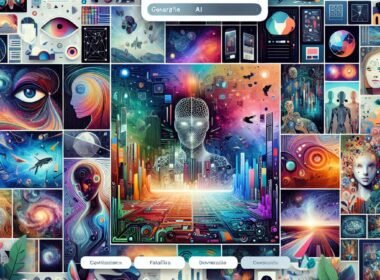 Moderne Webseite mit KI-generierten Bildern von Stadtlandschaften, Naturmotiven und Fantasiewelten, ergänzt durch Infografiken und Icons im Stil futuristischer Kunst.