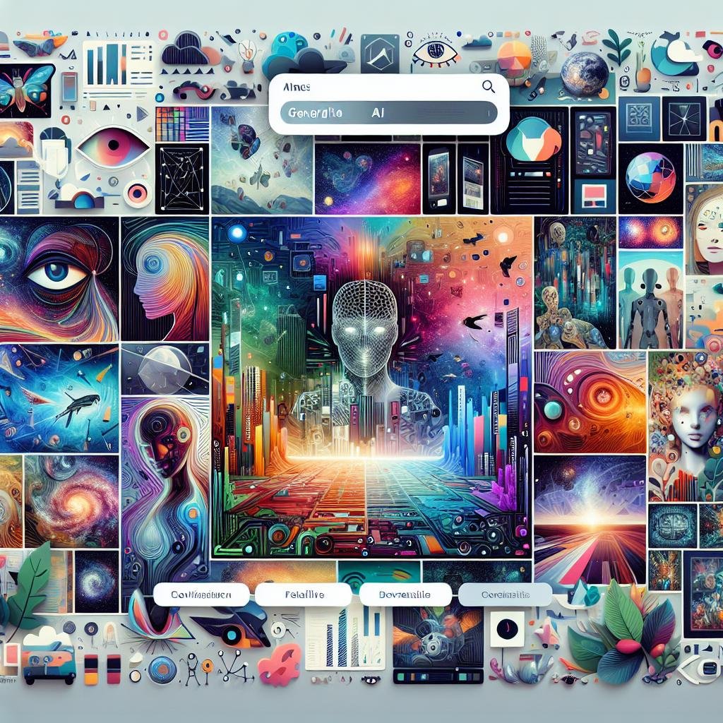 Moderne Webseite mit KI-generierten Bildern von Stadtlandschaften, Naturmotiven und Fantasiewelten, ergänzt durch Infografiken und Icons im Stil futuristischer Kunst.