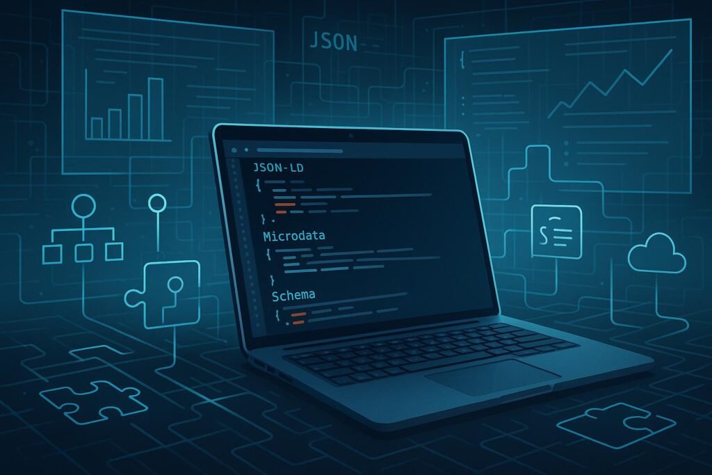 Digitale Arbeitsumgebung mit offengelegtem Code, Cloud-Icons und Diagrammen, die technologische Tiefe und Automatisierung in SEO symbolisieren