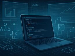 Digitale Arbeitsumgebung mit offengelegtem Code, Cloud-Icons und Diagrammen, die technologische Tiefe und Automatisierung in SEO symbolisieren