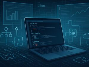 Digitale Arbeitsumgebung mit offengelegtem Code, Cloud-Icons und Diagrammen, die technologische Tiefe und Automatisierung in SEO symbolisieren
