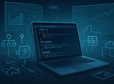 Digitale Arbeitsumgebung mit offengelegtem Code, Cloud-Icons und Diagrammen, die technologische Tiefe und Automatisierung in SEO symbolisieren