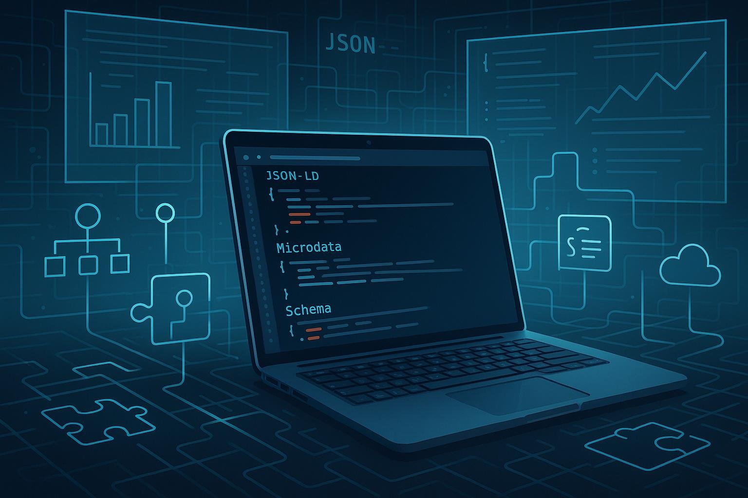 Digitale Arbeitsumgebung mit offengelegtem Code, Cloud-Icons und Diagrammen, die technologische Tiefe und Automatisierung in SEO symbolisieren