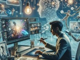 Ein moderner Arbeitsplatz mit einer Kreativperson, die auf einem digitalen Tablet arbeitet, umgeben von holographischen Overlays und bunten Storyboard-Skizzen, die KI-generiert wurden.