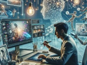 Ein moderner Arbeitsplatz mit einer Kreativperson, die auf einem digitalen Tablet arbeitet, umgeben von holographischen Overlays und bunten Storyboard-Skizzen, die KI-generiert wurden.