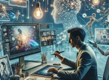 Ein moderner Arbeitsplatz mit einer Kreativperson, die auf einem digitalen Tablet arbeitet, umgeben von holographischen Overlays und bunten Storyboard-Skizzen, die KI-generiert wurden.