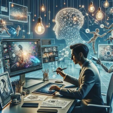 Ein moderner Arbeitsplatz mit einer Kreativperson, die auf einem digitalen Tablet arbeitet, umgeben von holographischen Overlays und bunten Storyboard-Skizzen, die KI-generiert wurden.