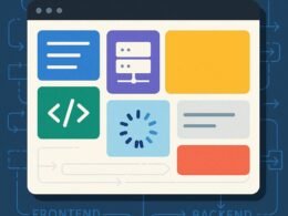 Abstraktes, modulares Web-Interface mit bunten Komponenten, Symbolen für Server, Code und Ladeanimationen, im Hintergrund Datenfluss-Icons und Linien, dargestellt im Stil eines modernen Computer-Interfaces.