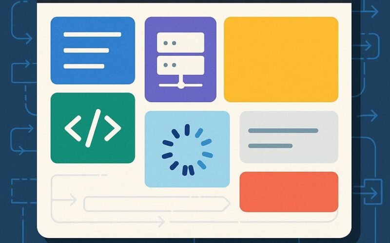 Abstraktes, modulares Web-Interface mit bunten Komponenten, Symbolen für Server, Code und Ladeanimationen, im Hintergrund Datenfluss-Icons und Linien, dargestellt im Stil eines modernen Computer-Interfaces.