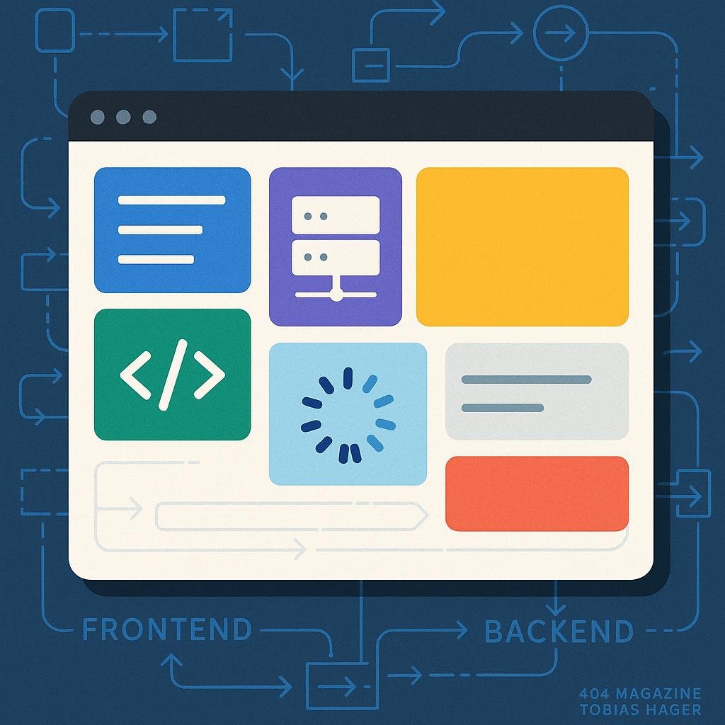 Abstraktes, modulares Web-Interface mit bunten Komponenten, Symbolen für Server, Code und Ladeanimationen, im Hintergrund Datenfluss-Icons und Linien, dargestellt im Stil eines modernen Computer-Interfaces.