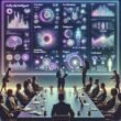 Moderner Konferenzraum mit digitalem Bildschirm, holografischen KI-Icons und einem Präsentierenden, der mit einem Tablet arbeitet