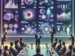 Moderner Konferenzraum mit digitalem Bildschirm, holografischen KI-Icons und einem Präsentierenden, der mit einem Tablet arbeitet