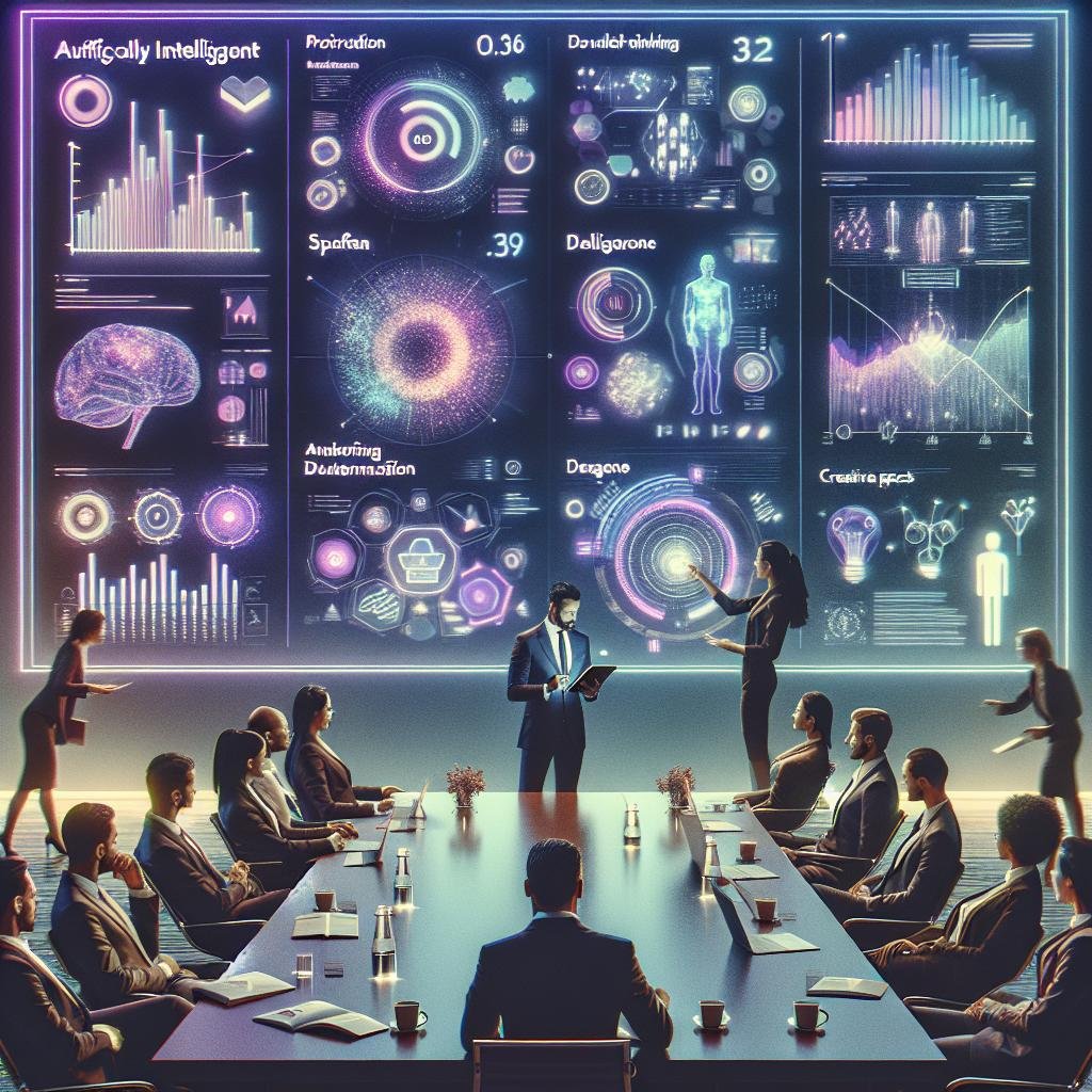 Moderner Konferenzraum mit digitalem Bildschirm, holografischen KI-Icons und einem Präsentierenden, der mit einem Tablet arbeitet