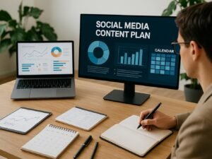 Modernes Büro mit digitalen Bildschirmen, Organizer-Tisch, Person beim Notizenmachen, Pflanzen im Hintergrund und inspirierende Atmosphäre, sichtbar Social-Media-Content-Darstellungen auf den Monitoren