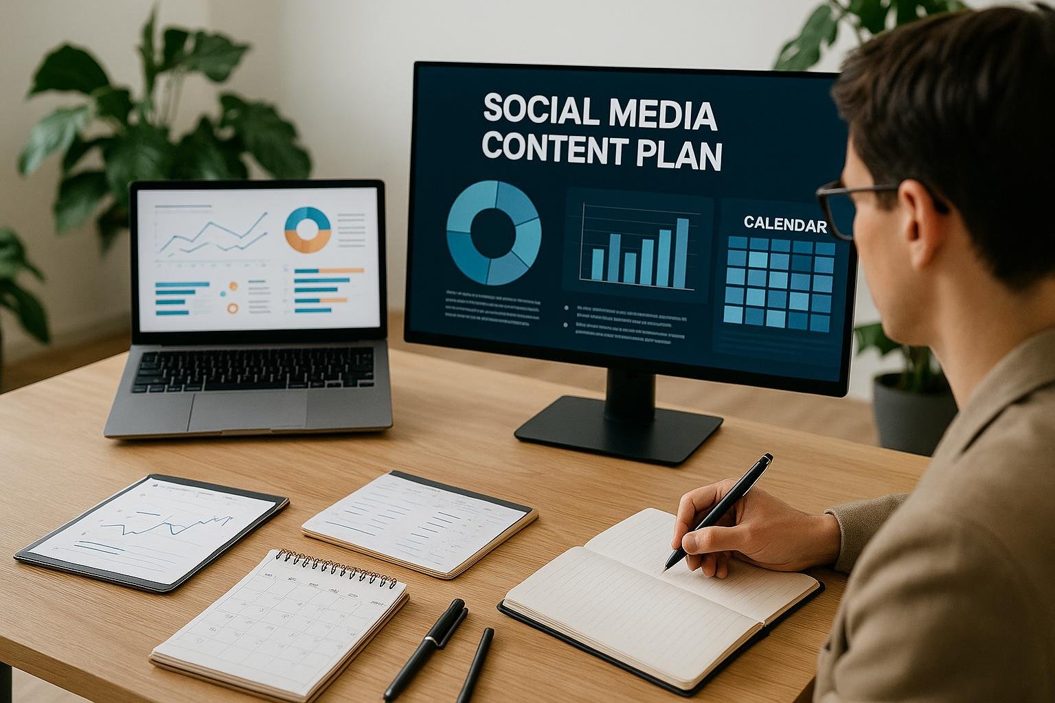 Modernes Büro mit digitalen Bildschirmen, Organizer-Tisch, Person beim Notizenmachen, Pflanzen im Hintergrund und inspirierende Atmosphäre, sichtbar Social-Media-Content-Darstellungen auf den Monitoren