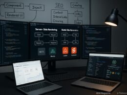 Moderner Webentwickler-Arbeitsplatz mit Monitoren, Code, Workflow-Diagrammen und SEO-Tools, beleuchtet von fokussiertem Licht
