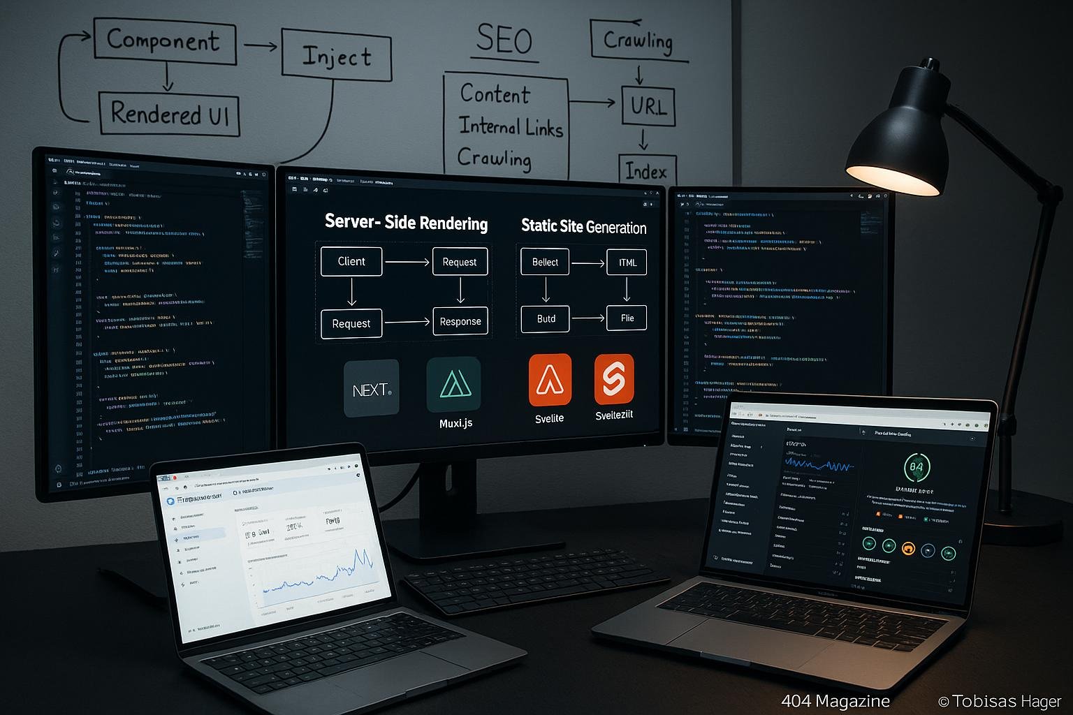 Moderner Webentwickler-Arbeitsplatz mit Monitoren, Code, Workflow-Diagrammen und SEO-Tools, beleuchtet von fokussiertem Licht