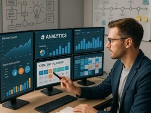 Person im smart casual Outfit arbeitet an mehreren Monitoren mit Datenanalysen, Social Media-Statistiken und Planungstools, im Hintergrund Whiteboards mit Skizzen. Helle Beleuchtung, fokussierter Arbeitsplatz. Credit: 404 Magazine (Tobias Hager)