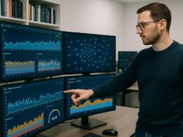 Technischer Experte in casual Kleidung zeigt auf einen Bildschirm mit Diagrammen und Zeitmesswerten in einem hellen, professionellen Büro mit großen Monitoren und Technikbüchern im Hintergrund