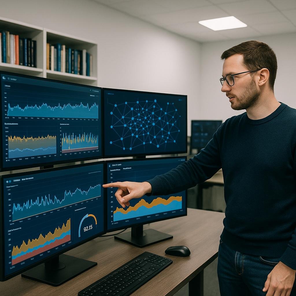 Technischer Experte in casual Kleidung zeigt auf einen Bildschirm mit Diagrammen und Zeitmesswerten in einem hellen, professionellen Büro mit großen Monitoren und Technikbüchern im Hintergrund