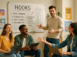 Team aus jungen Social Media Managern arbeitet gemeinschaftlich an einem Whiteboard mit Skizzen, Postern und Design-Elementen in einem modernen Büroraum.