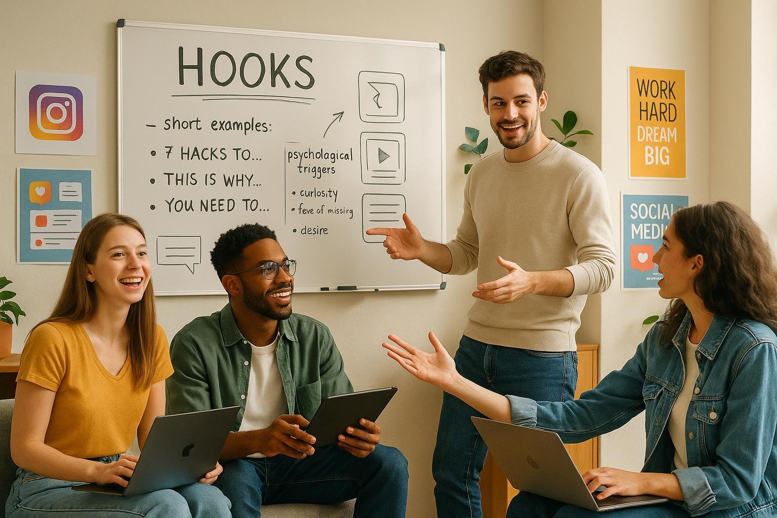 Team aus jungen Social Media Managern arbeitet gemeinschaftlich an einem Whiteboard mit Skizzen, Postern und Design-Elementen in einem modernen Büroraum.