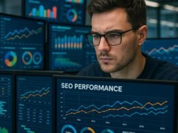 Nahaufnahme eines professionellen Digital Marketingspezialisten, umgeben von mehreren High-Tech-Monitoren mit Performance-Daten, Diagrammen und SEO-Analysen, im modernen Büroambiente.