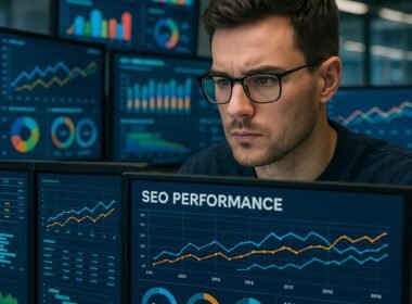 Nahaufnahme eines professionellen Digital Marketingspezialisten, umgeben von mehreren High-Tech-Monitoren mit Performance-Daten, Diagrammen und SEO-Analysen, im modernen Büroambiente.