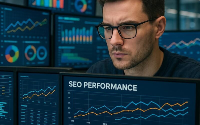 Nahaufnahme eines professionellen Digital Marketingspezialisten, umgeben von mehreren High-Tech-Monitoren mit Performance-Daten, Diagrammen und SEO-Analysen, im modernen Büroambiente.