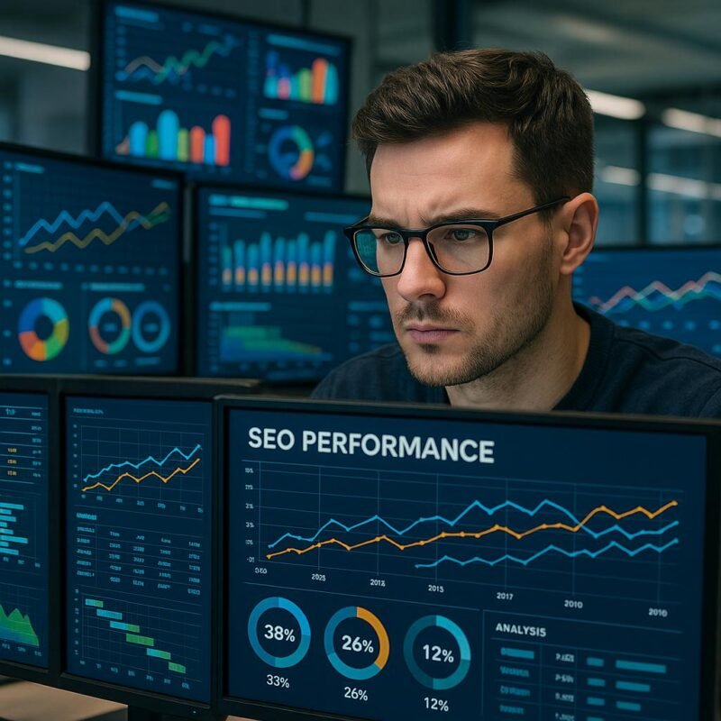 Nahaufnahme eines professionellen Digital Marketingspezialisten, umgeben von mehreren High-Tech-Monitoren mit Performance-Daten, Diagrammen und SEO-Analysen, im modernen Büroambiente.