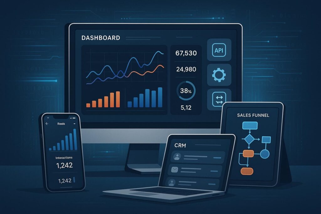 Moderner digitaler Arbeitsplatz mit großem Bildschirm, Smartphone, Tablet und CRM, dargestellt mit Datenströmen und digitalen Codes, hervorgehoben auf Automatisierung und technologische Strategien.