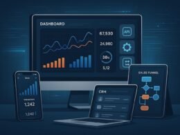 Moderner digitaler Arbeitsplatz mit großem Bildschirm, Smartphone, Tablet und CRM, dargestellt mit Datenströmen und digitalen Codes, hervorgehoben auf Automatisierung und technologische Strategien.
