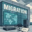 Modernes Bürogebäude mit Glasfassade, digitalen Karten, technischen Komponenten und Himmel mit Wolken, die Migration und Herausforderungen bei Website-Framework-Migration darstellen.